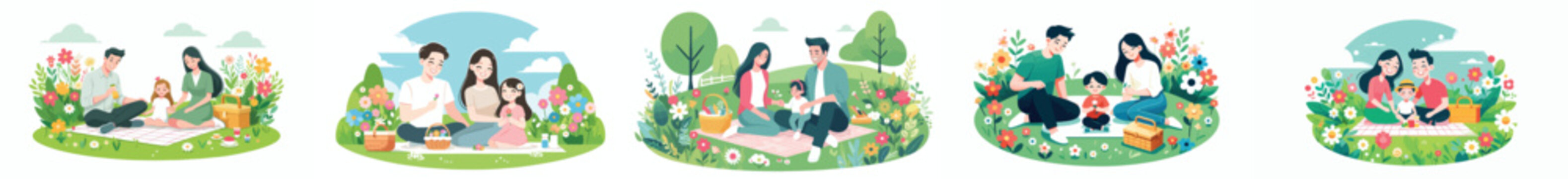 vector of family having a simple picnic in the park during spring