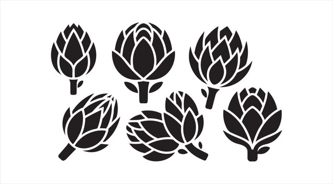 Simple artichoke shapes collection flat black vegetable illustration for cooking design