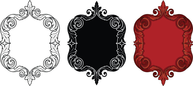 Three ornate baroque frames with intricate scrollwork and classic ornamentation presented in outline black and red variations ideal for luxury branding invitations and decorative labels