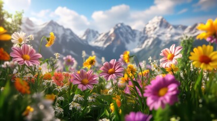 Obraz premium Vibrant Alpine Wildflower Meadow Under Majestic Snow-Capped Mountains and Blue Sky