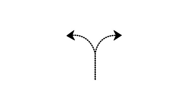 Glowing Split Direction Arrow Animation on white Background &ndash; Futuristic Dotted Path Indicator for Navigation, Choice Making, and User Interface Elements.4K video animation.