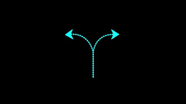 Glowing Split Direction Arrow Animation on Black Background &ndash; Futuristic Dotted Path Indicator for Navigation, Choice Making, and User Interface Elements.4K video animation.