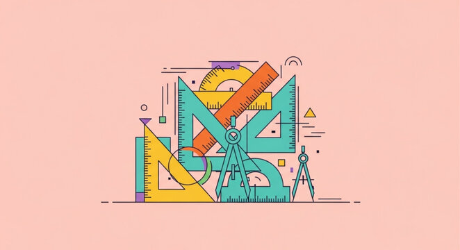 Geometric Tools Illustration - Rulers, Triangles, and Compass for Design and Measurement.