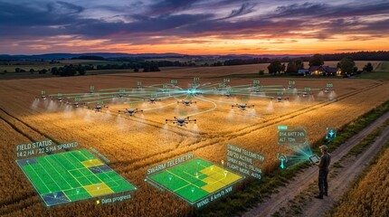Autonomous drone swarm over a golden wheat field at sunset with augmented reality farm data overlay © Kcu