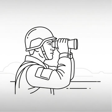 Man in helmet looking through binoculars.