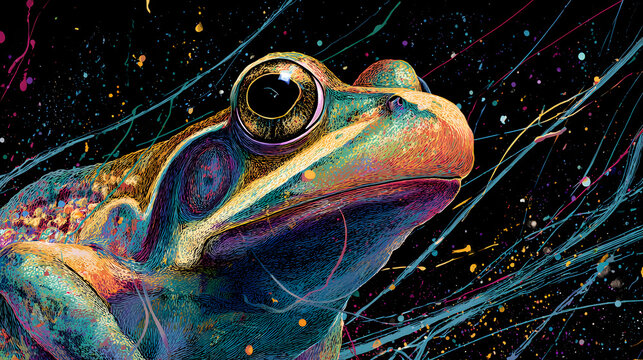 Vibrant Red-Eyed Tree Frog Portrait with Dynamic Water and Paint Splash Effects, Tropical Wildlife Art Illustration Isolated on Black Background