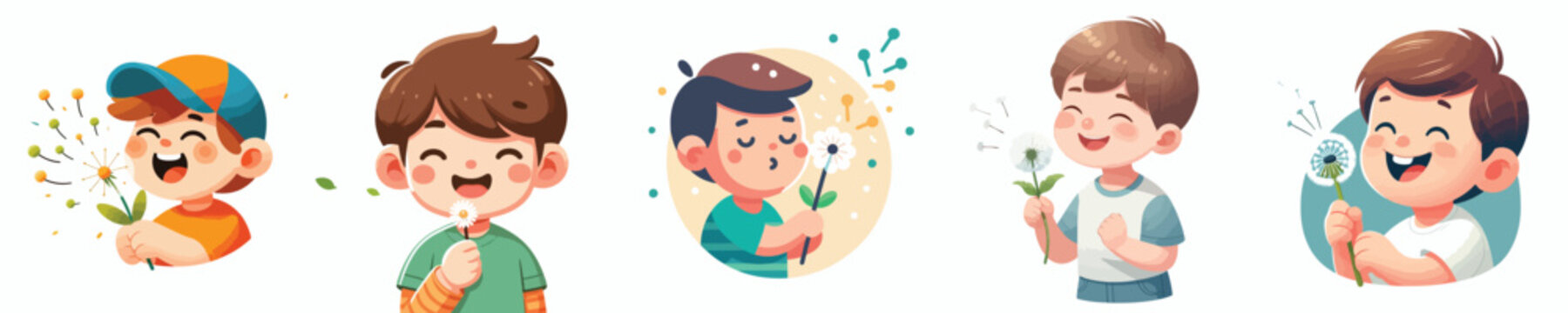 half body vector of a little boy blowing a dandelion flower in spring