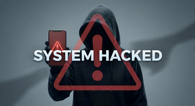 Hooded hacker holding warning sign with system hacked alert on dark background