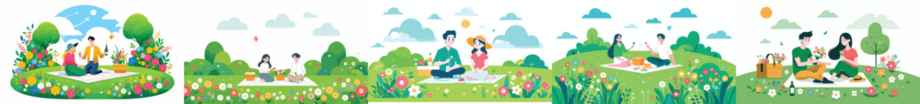 vector of a couple having a simple picnic in the park during spring