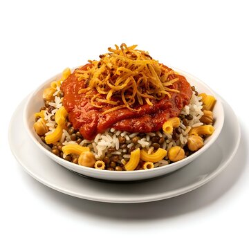 Classic Egyptian Koshari Meal with Rice, Lentils, Pasta, Fried Onions and Rich Tomato Sauce