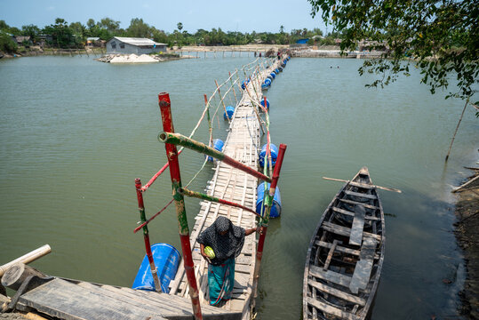 Satkhira, Bangladesh - 26 April 2025: View of a woman traversing a makeshift bamboo bridge over the still, jade-green water, beside a weathered boat.