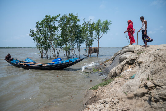 Satkhira, Bangladesh - 26 April 2025: View of a weathered boatman navigating the surging, muddy waters near the fragile bank, where locals stand against the encroaching tide.