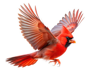 Fototapeta premium Red Cardinal Bird in Flight on white Background flying
