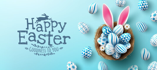 Easter poster and banner template with Easter eggs in the nest on light blue background.Greetings and presents for Easter Day in flat lay styling.Promotion and shopping template for Easter © PixaFlow