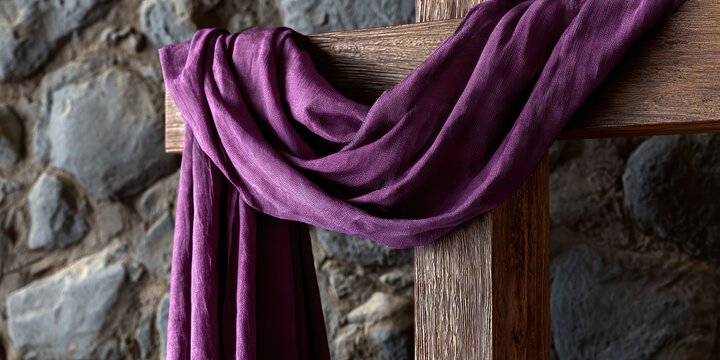 religious iconography, a wooden processional cross draped in a purple lenten cloth against a church wall creates a contemplative atmosphere with ambient light