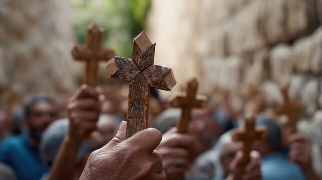 religious pilgrimage, capture the gripping sight of hands clutching wooden crosses on jerusalems via dolorosa for national geographic
