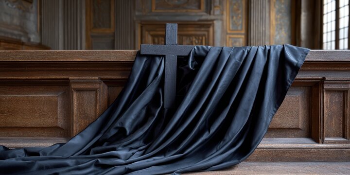 religious ceremony, a solemn scene a large processional cross draped in mourning fabric near an empty church altar, lit by cold ambient light