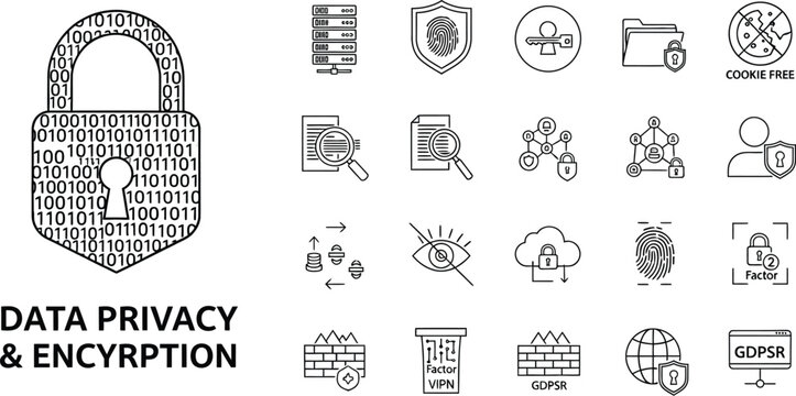 A prominent padlock icon filled with binary code illustrates the abstract concept of data privacy and encryption security measures.