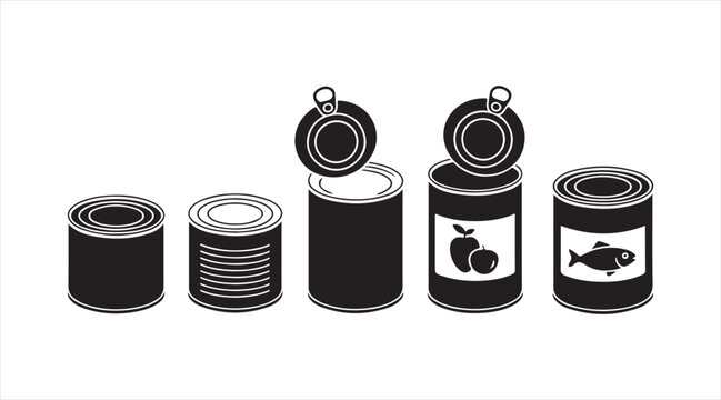 Canned food silhouettes black vector set tins and containers minimalist pantry icons