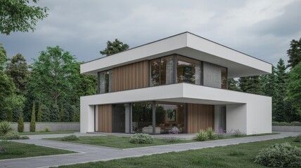 Fototapeta premium A modern two-story house with a large yard and trees in the background
