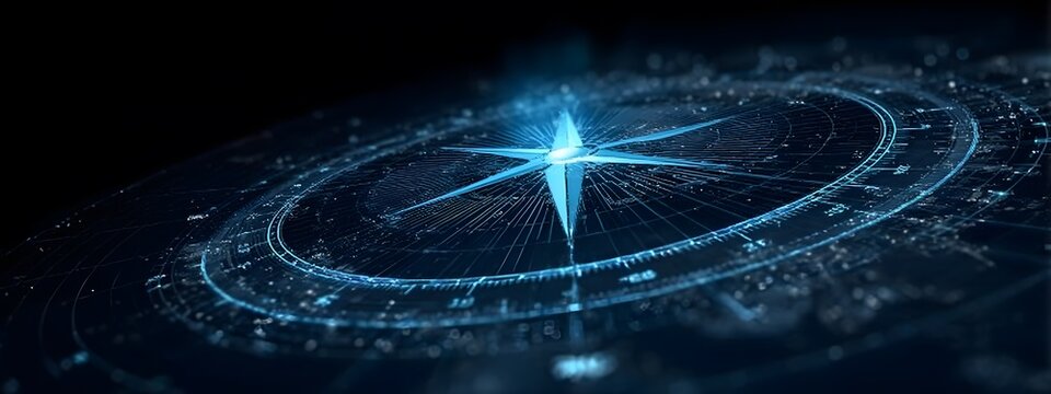 High tech digital compass with bright blue star for navigation and direction in a futuristic network environment showing data and technology on a dark background