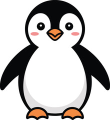 Obraz premium Cute penguin cartoon character vector illustration. Friendly baby penguin standing and smiling isolated on white background for winter theme, nursery art, and kids' graphics.