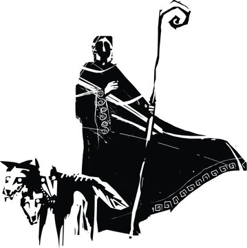 Woodcut expressionist style image of the mythic Hades and Cerberus