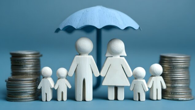 A detailed studio shot of a wooden family figurine group with parents and four children standing beneath a light blue umbrella symbolizing protection and security alongside stacks of coins a