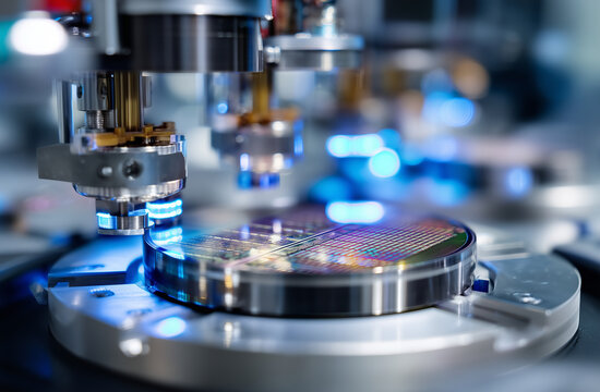 A macro photograph detail inside a semiconductor processing tool. A polished, mirrored 300mm silicon wafer with intricate circuit patterns sits on a robotic chuck. Metallic robotic
