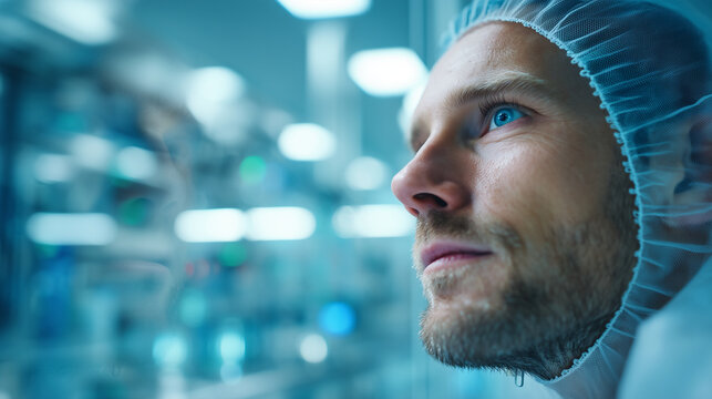 A professional semiconductor engineer in a white bunny suit looking through a cleanroom glass partition, the glass reflects the complex fab machinery and the engineer's face silhou