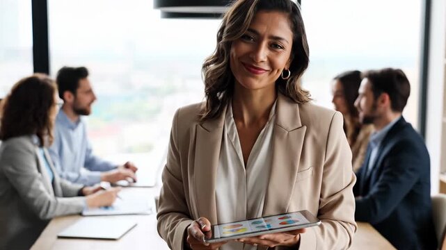 Businesswoman, analytics and data visualization during a team meeting for strategic planning, market research and financial projections with female executive presenting insights to colleagues in