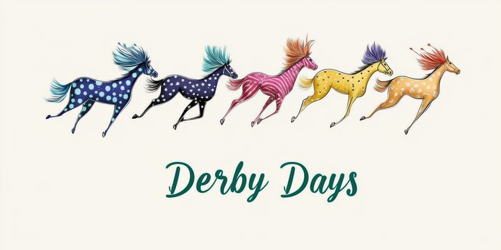 kentucky derby greeting card, a modern, cheerful kentucky derby postcard template with an illustrated parade of jockeys in vibrant silks and extravagant hats below, the text derby days in a