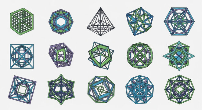 Geometric Shapes Collection - Intricate Wireframe Designs on White Background.
