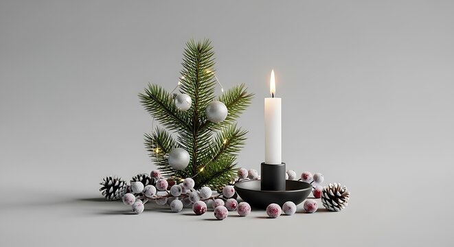 Festive holiday setup with a small decorated pine tree and lit white candle nearby