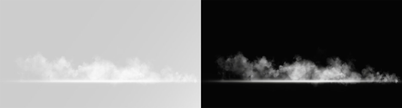 Low panoramic ground fog and mist with bright floor light on transparent background