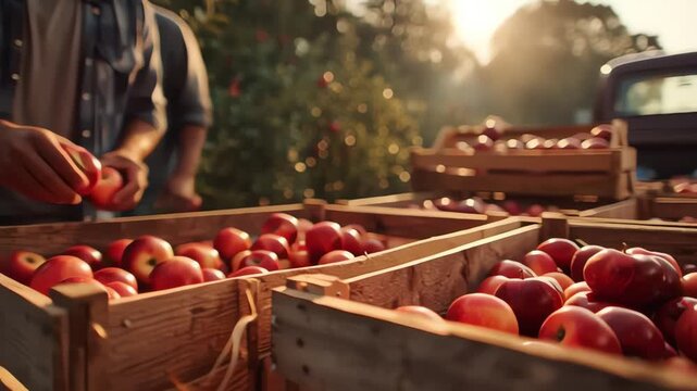 Two men are loading fresh apples into a crate in a pickup truck at sunset, surrounded by rows of orchards and golden evening light