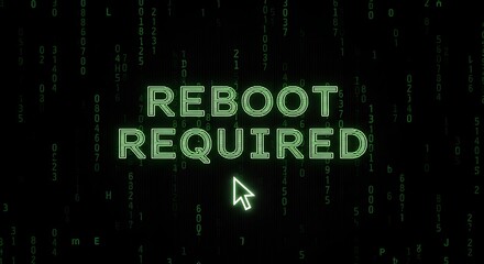 Obraz premium Green digital text 'reboot required' with matrix-like background and cursor.
