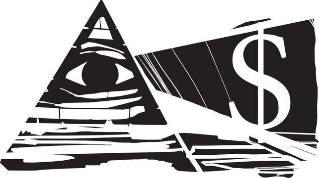Woodcut expressionist style image of the Eye of providence and dollar sign