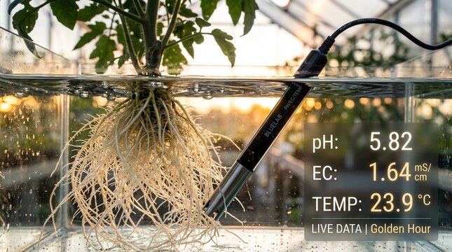 Hydroponic plant with exposed roots in a clear tank and a probe showing ph, ec and temperature