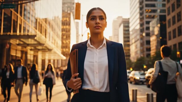 Businesswoman, career and success walking through a vibrant city street during golden hour for professional development, ambitious goals and corporate advancement with confident woman carrying