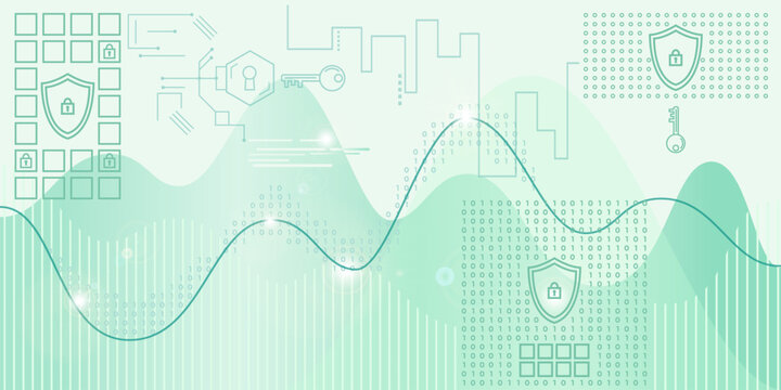 Abstract vector illustration of modern cyber security. Dynamic teal waves, binary code data flow, padlock shield icons, network nodes, keys create professional, clean technology background template.