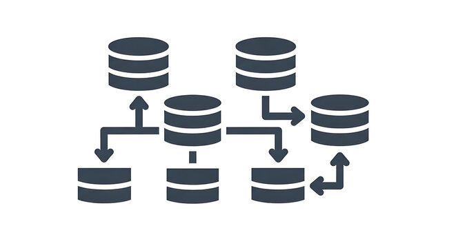 Database schema diagram with interconnected cylinders and arrows on white background