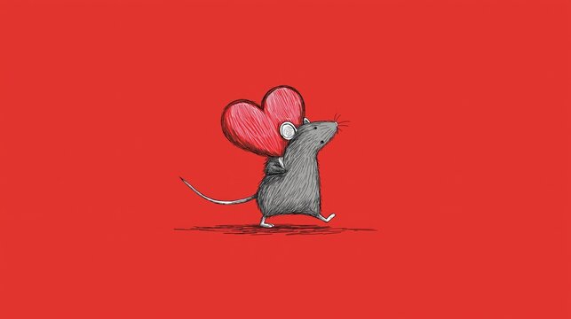 Cute gray rat carrying red heart running. Cartoon gray rat running with a large red heart on a solid red background