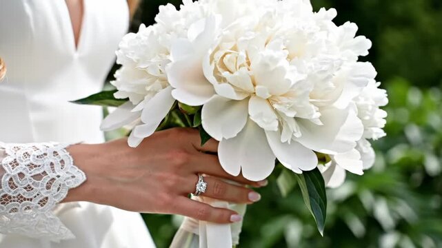 レースの袖が印象的なウェディングドレスと白いブーケ。横向きで花束を持つ花嫁。結婚式のポートレート