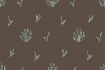 Seamless botanical leaf pattern on dark background in minimalist hand drawn style. Organic nature design ideal for textile prints, wallpaper and packaging. © Mariia Eliseeva