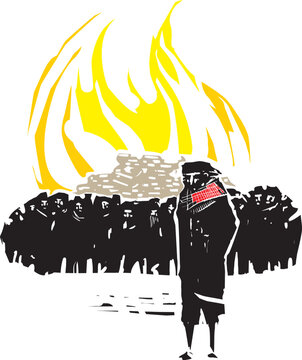 Woodcut expressionist style image of People burning books