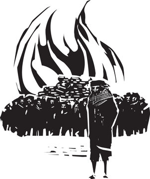 Woodcut expressionist style image of People burning books
