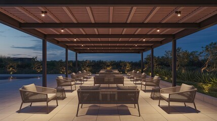 Fototapeta premium A serene outdoor seating area at dusk with a modern pergola and wicker furniture
