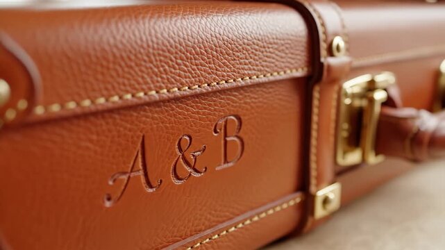 イニシャルが刻印された革製スーツケース。AとBの文字が入った茶色のレザーバッグ。パーソナライズされた旅行鞄