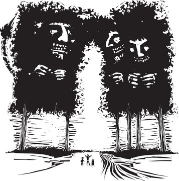 Woodcut style expressionist image  of Wooden tree trolls